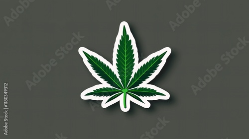 Green cannabis leaf sticker on a dark background.  A simple, bold design. photo