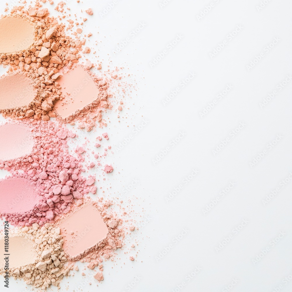 Obraz premium Colorful powder pigments are arranged artistically on a clean background, showcasing various shades ideal for beauty and cosmetics.