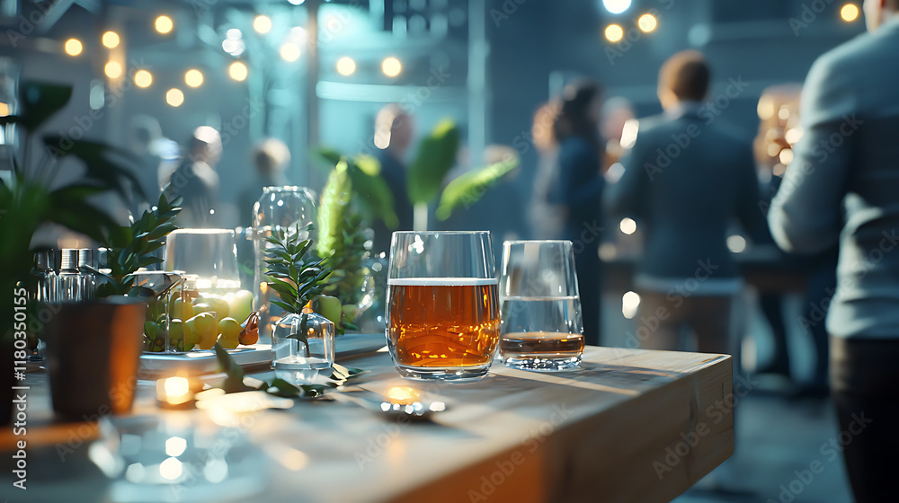 networking event with drinks, plants, and warm lighting creates lively atmosphere