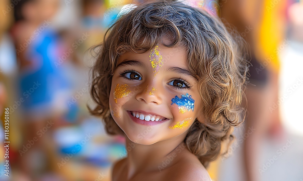 A smiling child with colorful face paint at a festive outdoor event.