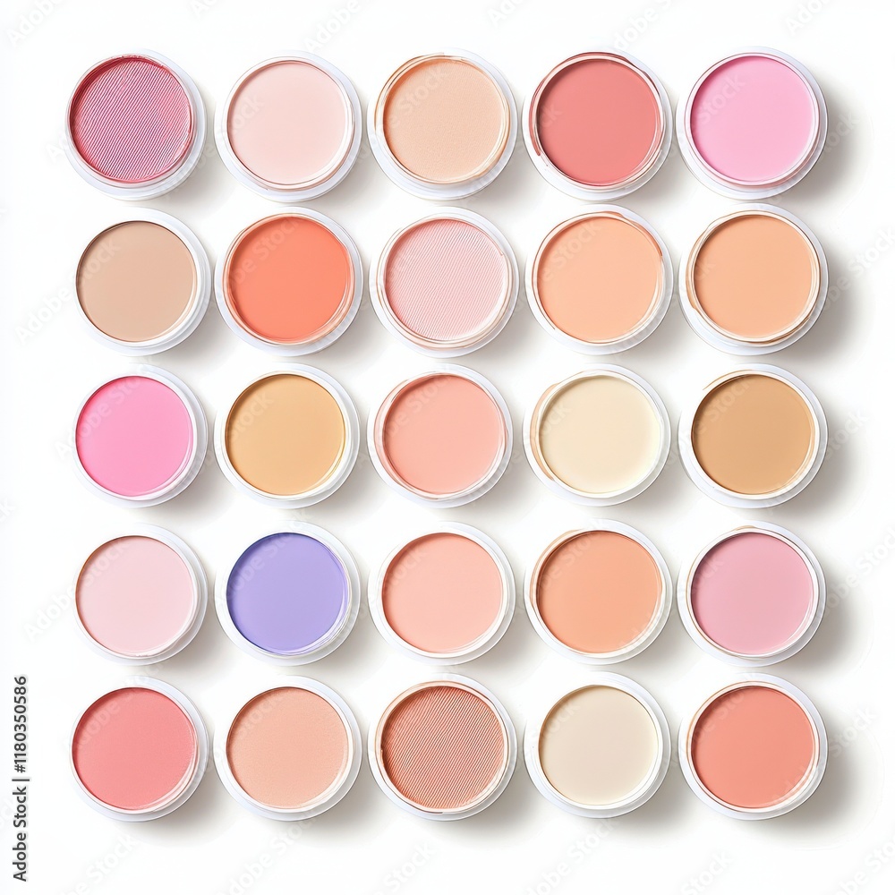 A vibrant array of cosmetic cream shades displayed in circular containers, showcasing a variety of pinks, nudes, and pastels. A vibrant array of cosmetic cream shades displayed in circular containers, showcasing a variety of pinks, nudes, and pastels.
