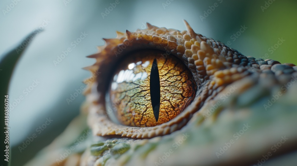 A reptilian eye stares intensely, its intricate scales and vivid colors resembling a sunlit terrain. A reptilian eye stares intensely, its intricate scales and vivid colors resembling a sunlit terrain.