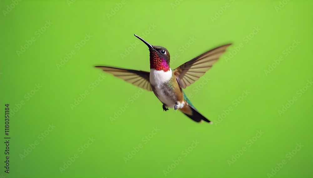 Naklejka premium A tiny, vibrant hummingbird in mid-flight, displaying vivid and shimmering colors with its long, slender beak and wings above its body, set against a light green background with negative space