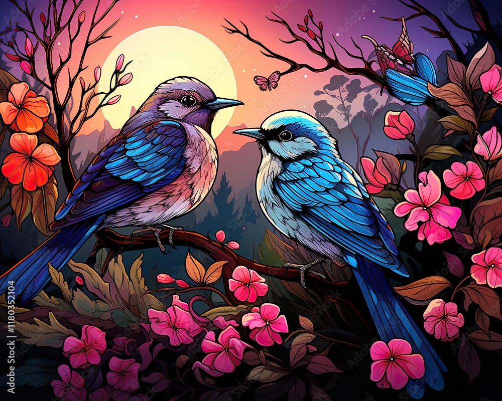 Fototapeta premium Two blue birds perched on a branch amidst blooming flowers under a twilight sky.