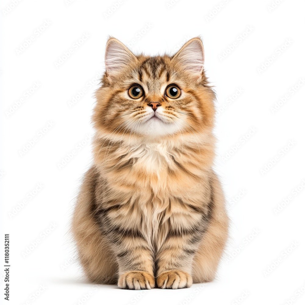 Fototapeta premium Cute and fluffy British Longhair cat with distinct fur pattern, sitting elegantly against a white background, showcasing playful curiosity.