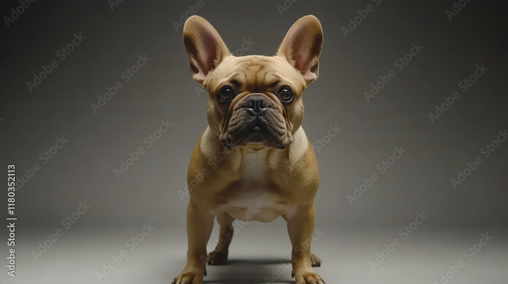 Obraz premium Portrait of a fawn french bulldog standing in front of a grey background