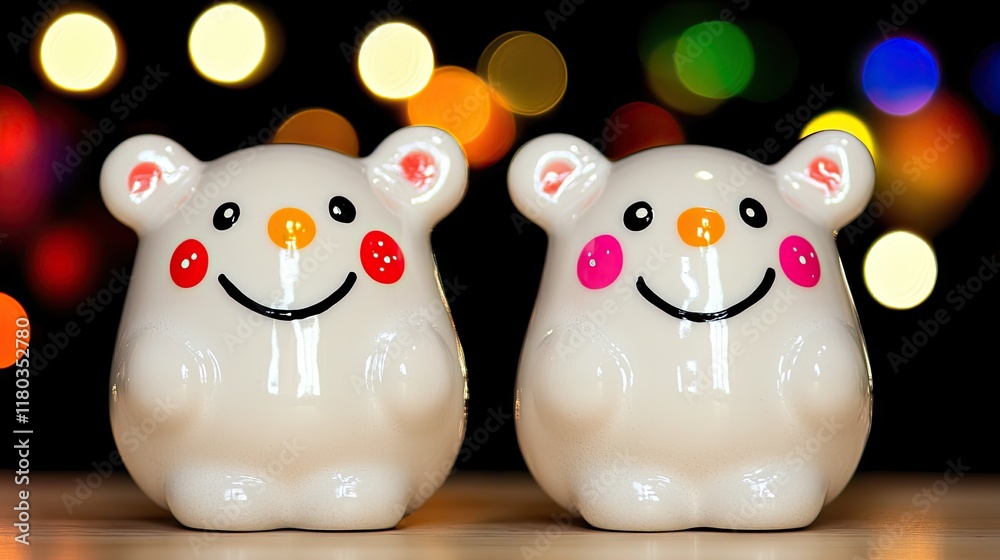 Two smiling ceramic bears against bokeh lights. Two smiling ceramic bears against bokeh lights.