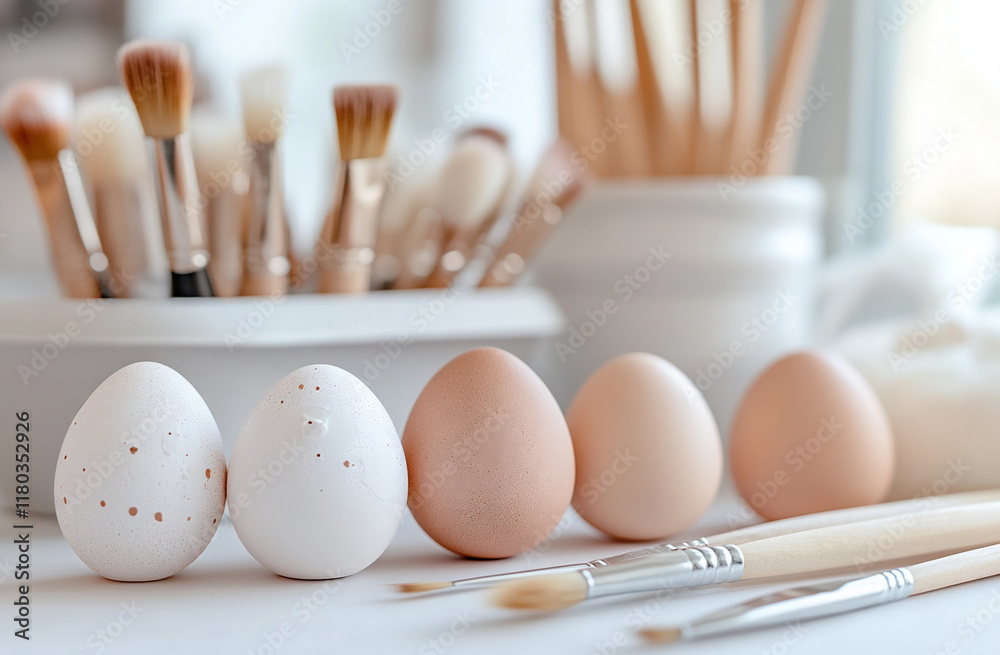 Close-up of egg decorating tools: brushes, dyes, stamps, and ribbons arranged neatly on a table. Close-up of egg decorating tools: brushes, dyes, stamps, and ribbons arranged neatly on a table.
