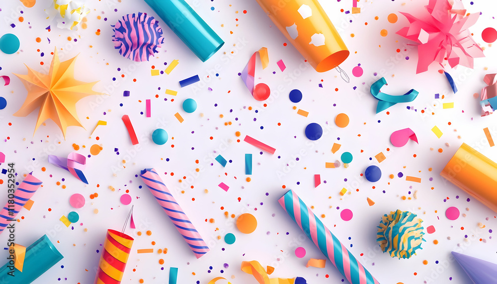 A colorful 3D set of New Year's Eve party favors, including noise makers, hats, and confetti, all on a white background. A colorful 3D set of New Year's Eve party favors, including noise makers, hats, and confetti, all on a white background.