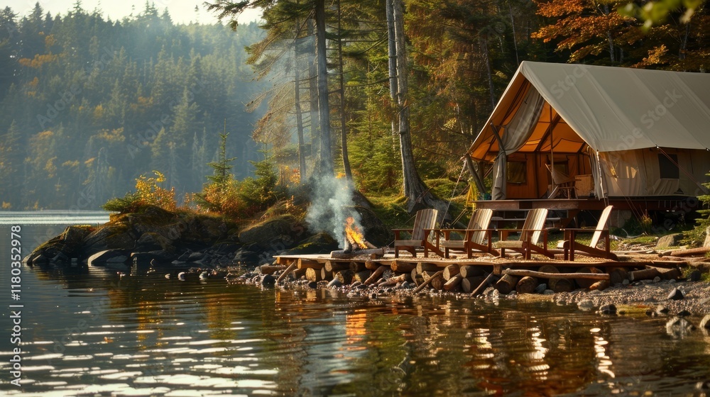 Fototapeta premium Cozy campfire in a serene forest perfect getaway with chairs, burning firewood, and tent