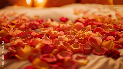 A bed covered in rose petals arranged in a heart shape