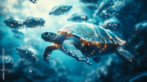 A digital turtle swims through a high-tech ocean, its shell aglow with circuit-like patterns, merging nature with futuristic innovation. photo