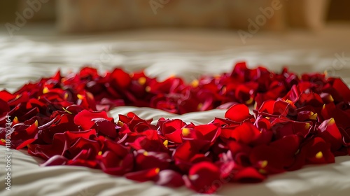 A bed covered in rose petals arranged in a heart shape
