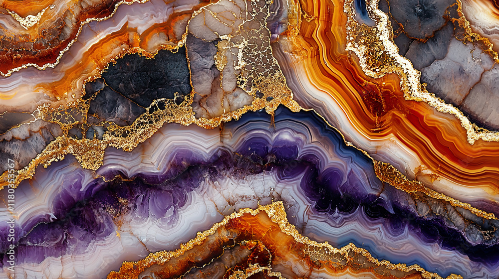 Obraz premium Striking agate pattern with orange, purple, and gold bands, creating a luxurious, flowing effect 