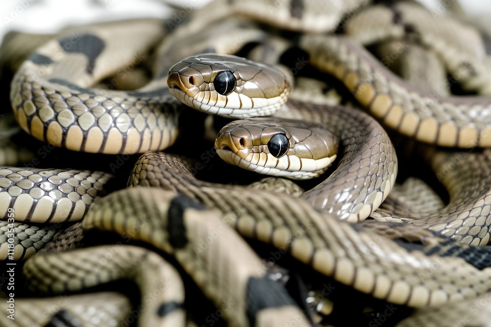 A close-up shot of a snake curled around a pile of rocks, perfect for use in wildlife or nature-themed projects A close-up shot of a snake curled around a pile of rocks, perfect for use in wildlife or nature-themed projects