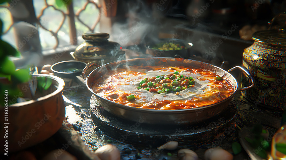 Fototapeta premium delicious plate of moussaka with steam rising, garnished with herbs, in rustic kitchen setting