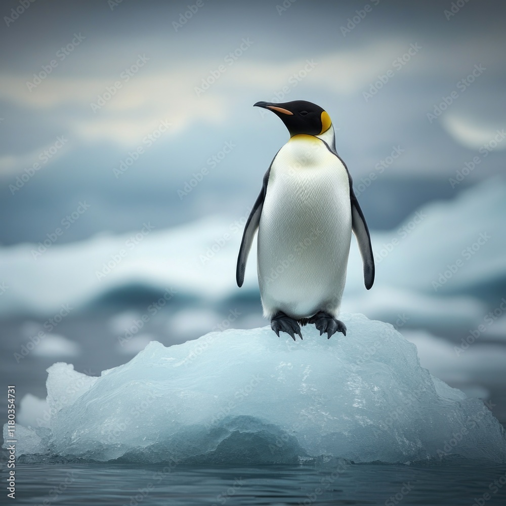 Fototapeta premium A penguin standing on the edge of a piece of ice, a great image for weather or climate-related content