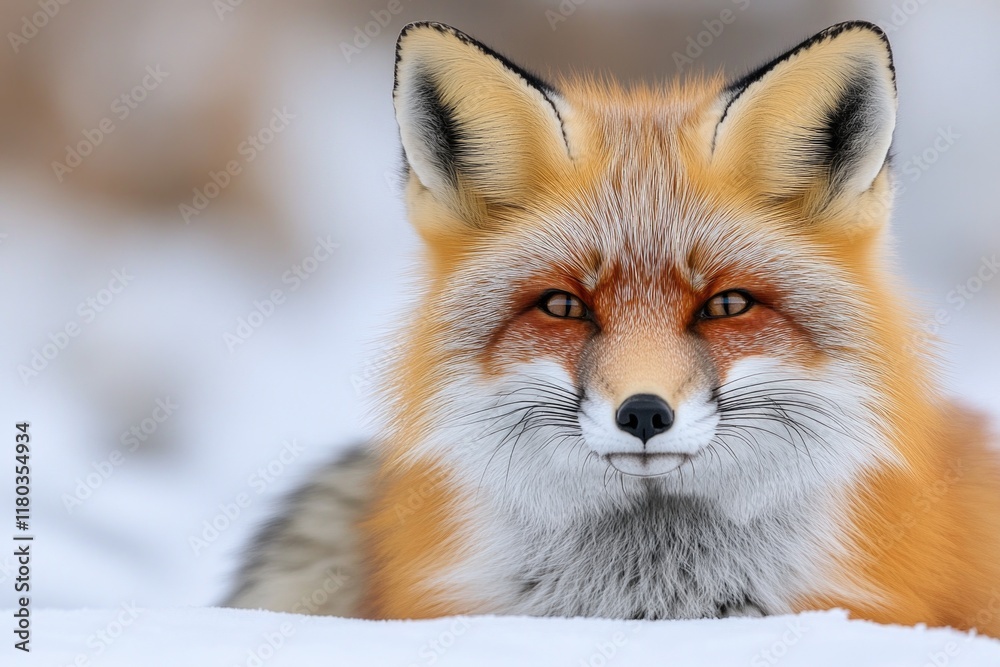 Close-up shot of a red fox's face and fur in snowy surroundings Close-up shot of a red fox's face and fur in snowy surroundings