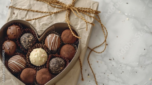 A box of artisan truffles arranged beautifully in a heart-shaped container on white