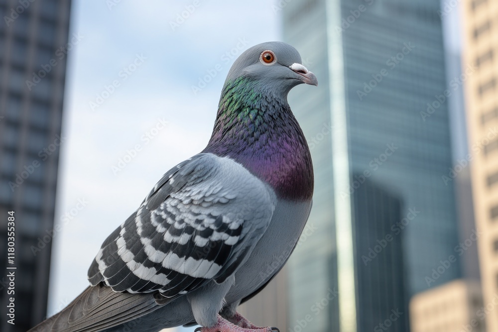 Fototapeta premium A pigeon sitting on a post in front of a city skyline