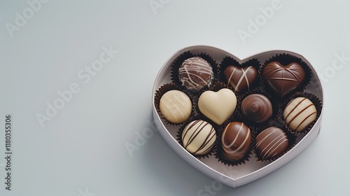 A box of assorted gourmet chocolates arranged neatly in a heart-shaped container on white