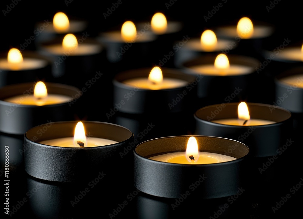 Tealight candles on a black background with lights, many candles in the foreground, candlelight on a black tabletop, soft-focus bokeh effect in the background, close-up shot, minimalistic style Tealight candles on a black background with lights, many candles in the foreground, candlelight on a black tabletop, soft-focus bokeh effect in the background, close-up shot, minimalistic style