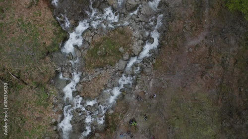 flying with drone of a mountain river with two rapids. Nature background