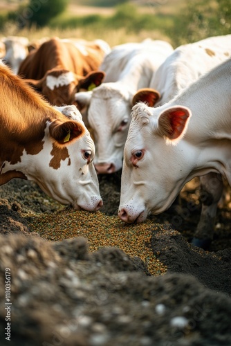 A group of cows eating food from a trough