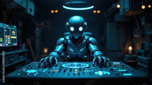 Wallpaper Mural A futuristic robot DJ mixing music on a console with bright blue lighting. Torontodigital.ca