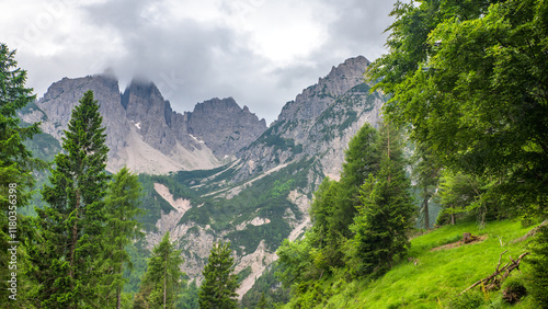 Obraz na płótnie Landscape view at Goriuda Cave and Wtarefall, in Dolomites Alps Mountains Italy w salonie