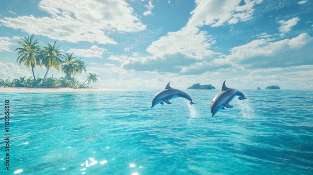 Obraz premium playful dolphins jumping out of the crystal clear ocean water under a bright blue sky, with a tropical island in the distance generative ai
