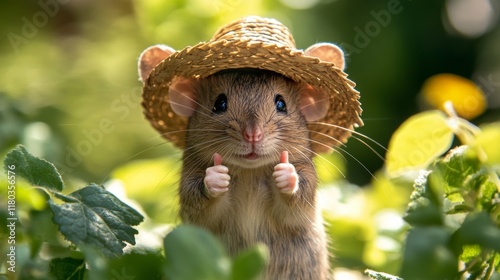 little mouse with a straw hat looks into the camera and has both thumbs up, 16:9