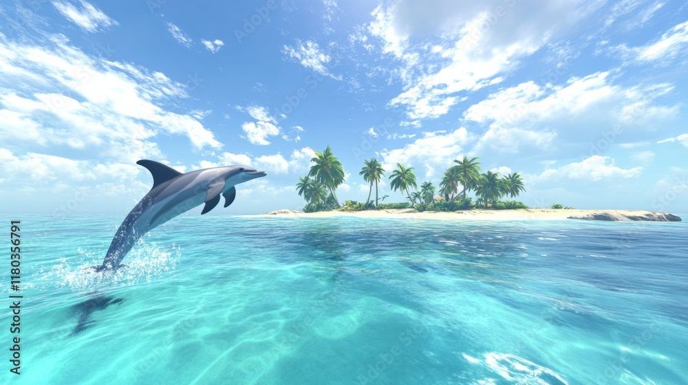 Obraz premium playful dolphins jumping out of the crystal clear ocean water under a bright blue sky, with a tropical island in the distance generative ai