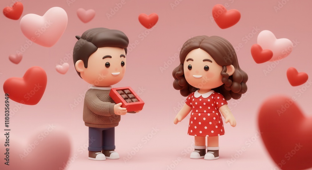 Cute cartoon couple sharing chocolates amid floating hearts on valentine's day Cute cartoon couple sharing chocolates amid floating hearts on valentine's day