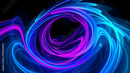 Glowing neon waves forming dynamic abstract designs against a dark backdrop. photo