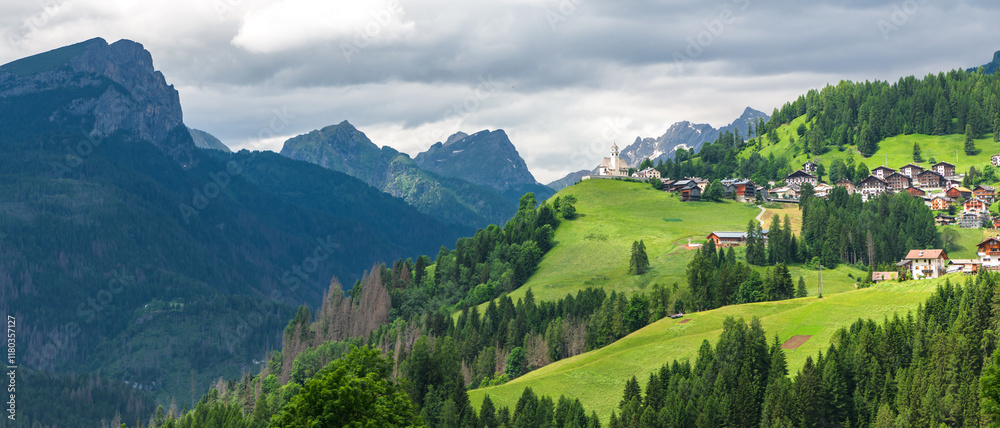 Spectacular landscape on Italian Alps Mountain Dolomite at Chiesa di Santa Lucia