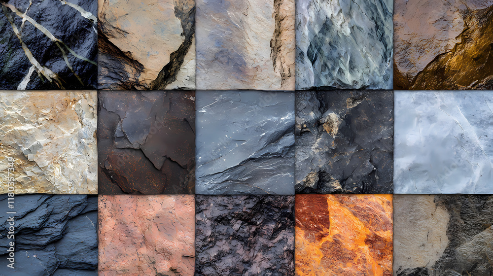 Naklejka premium A variety of natural stone textures. this photo is perfect for illustrating various stone types for construction and design projects. Flamestone. Illustration