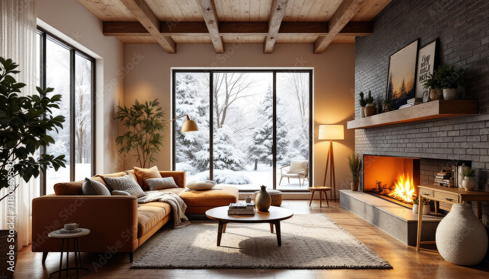 Cozy japandi living room with a large window overlooking a snowy landscape, featuring a fireplace, a comfortable couch, and various decorative elements. Cozy japandi living room with a large window overlooking a snowy landscape, featuring a fireplace, a comfortable couch, and various decorative elements.