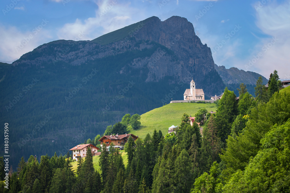 Spectacular landscape on Italian Alps Mountain Dolomite at Chiesa di Santa Lucia