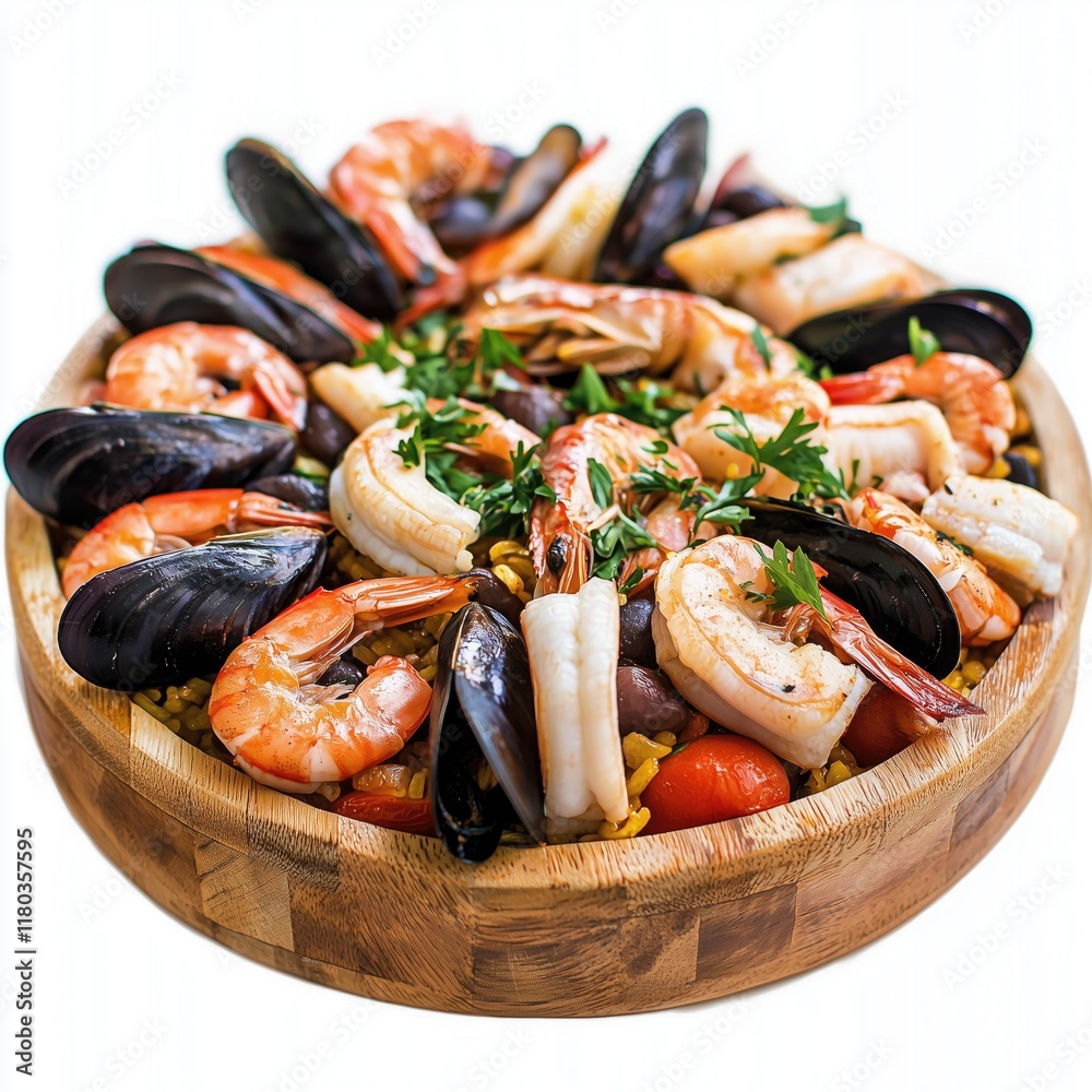 Delicious seafood paella in wooden bowl garnished with fresh parsley isolated on white background Delicious seafood paella in wooden bowl garnished with fresh parsley isolated on white background