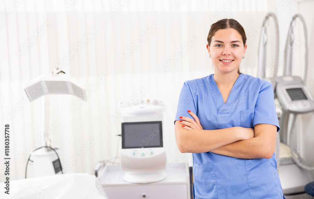 Young woman cosmetologist standing with crossed hands, smiling and looking at camera in clinic of aesthetic medicine Young woman cosmetologist standing with crossed hands, smiling and looking at camera in clinic of aesthetic medicine