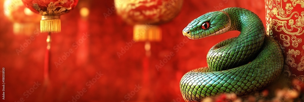 Fototapeta premium Green Snake Coiled Against Red and Gold Backdrop with Lanterns, Chinese 2025 New Year