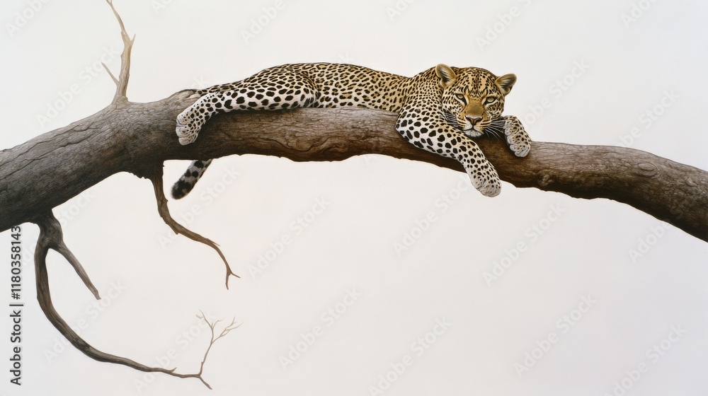 Fototapeta premium A leopard rests gracefully on a tree branch against a minimalist backdrop, exuding elegance and raw beauty in its natural habitat.
