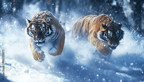 A dynamic and powerful shot of two energetic tigers running side by side through snow, captured mid-motion with snow flying around them and intense determination in their eyes photo