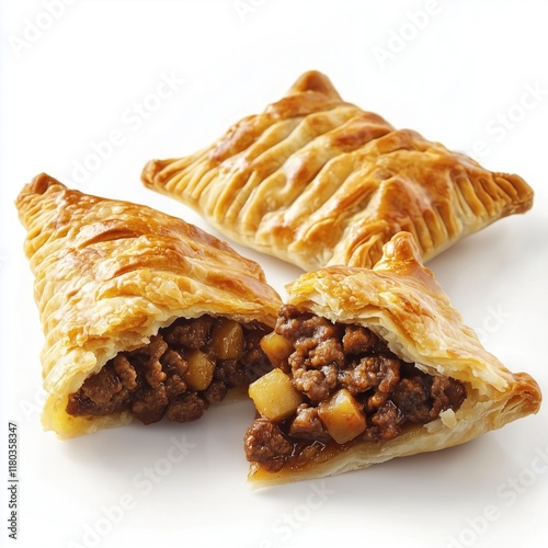 Delicious savory pastries filled with seasoned ground meat and diced potatoes encased in golden brown flaky puff pastry isolated on white background photo