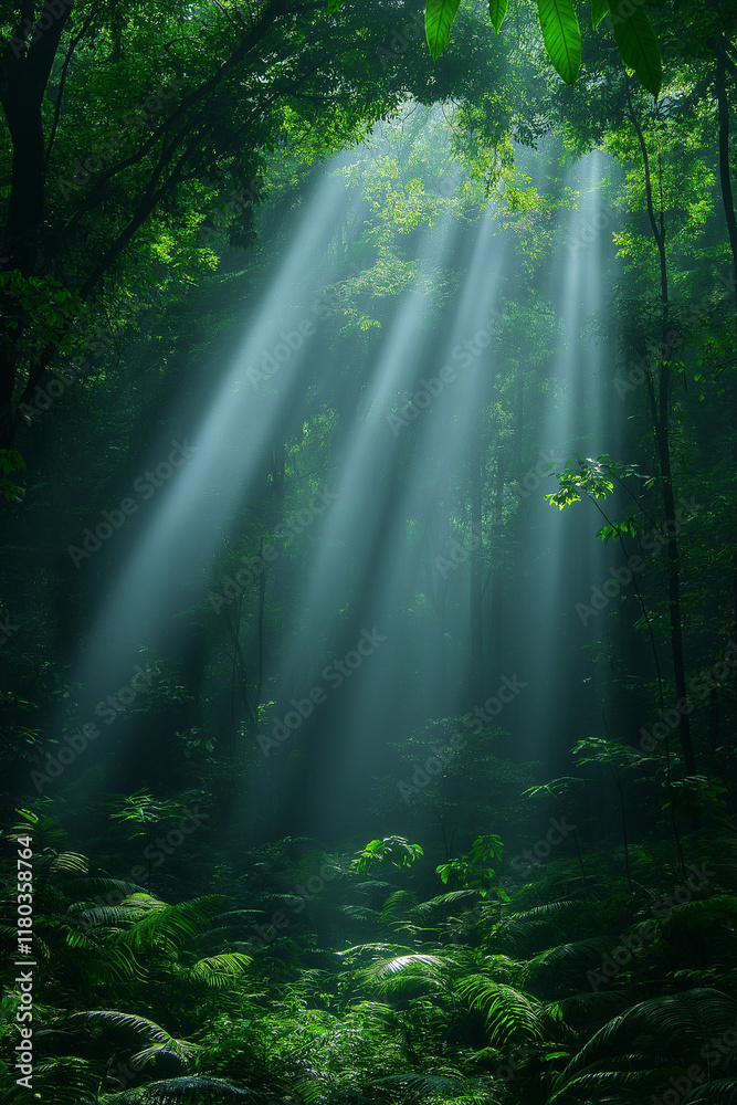 Fototapeta premium Photo réaliste d’une forêt tropicale dense avec brouillard et lumière du matin