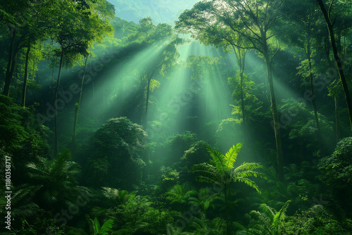Photo réaliste d’une forêt tropicale dense avec brouillard et lumière du matin
