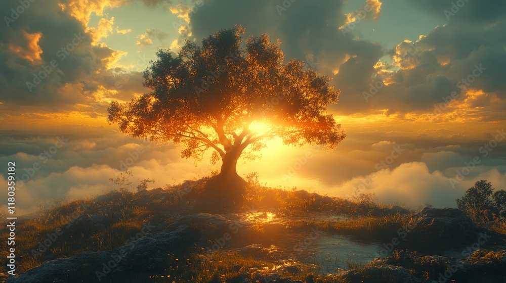 Naklejka premium Majestic tree glowing at golden hour