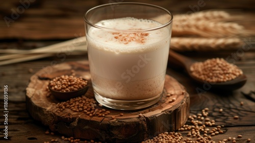 Creamy soy milk in glass surrounded by wheat grains on wooden surface photo