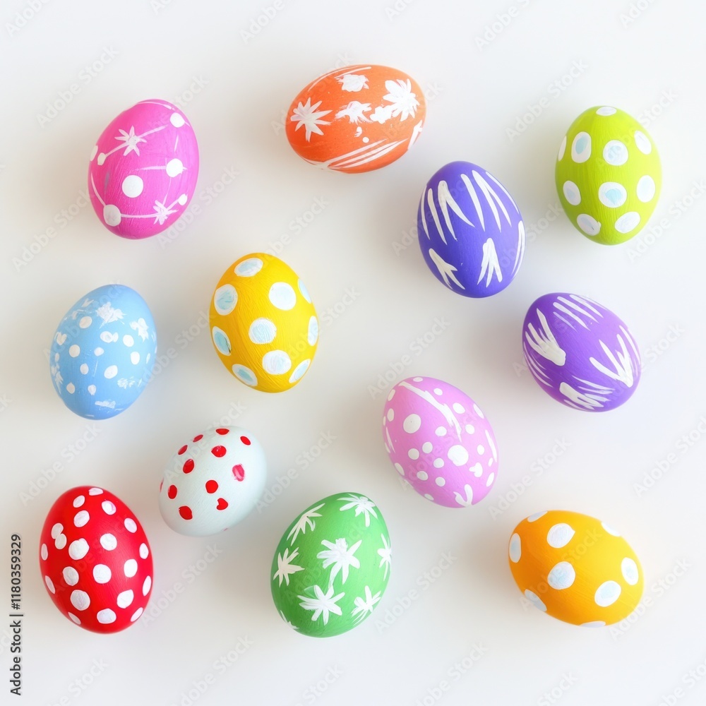 Colorful Easter eggs arranged on a white surface, perfect for holiday decorations or advertising Colorful Easter eggs arranged on a white surface, perfect for holiday decorations or advertising
